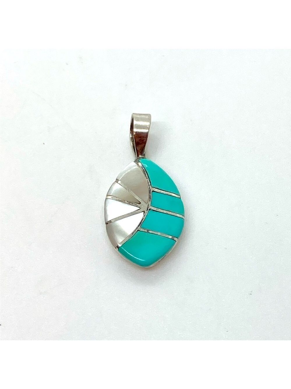 Vtg Navajo Sterling Turquoise & MOP Inlay Marquis Leaf Shaped Pendant | 1” x .6”